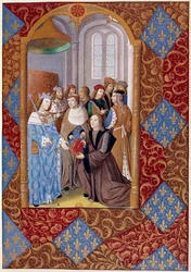 Geschiedenis van de drukkunst: uitgever Antoine Verard (? -1513) presenteert zijn boek aan koning Karel VIII. Uit een manuscript uit 1494