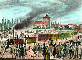 Geschiedenis van het openbaar vervoer: spoorlijn tussen Parijs en Versailles. Gravure uit de 19e eeuw. Privécollectie