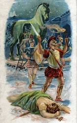 Geschiedenis van het leven van Achilles, legendarische held van de Trojaanse Oorlog: De inname van Troje. Achilles voor de stad dankzij het paard. Chromolithografie van 1890.