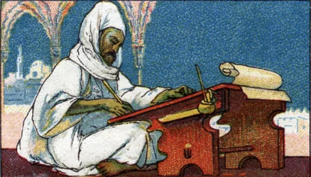 Geschiedenis van het schrift: een islamitische schriftgeleerde die in het Arabisch schrijft, begin 20e eeuw (chromo)
