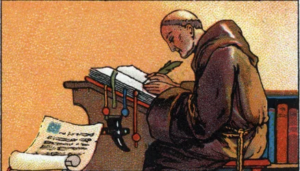 Geschiedenis van het schrift: een monnik die manuscripten kopieert in de middeleeuwen, begin 20e eeuw (chromo)