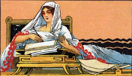 Geschiedenis van het schrift: een jonge vrouw schrijft op een schrift in het Latijn, begin 20e eeuw (chromo)