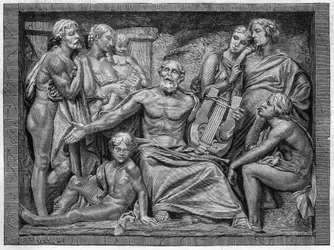 Homerus zingend met zijn lier in een stad in Ionië. Gravure naar het bas-reliëf van Mr. Hugues, grote beeldhouwprijs van de schoolwedstrijd van 1875.