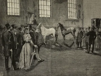 Paardenveiling bij Tattersall, Verenigd Koninkrijk, gravure uit L