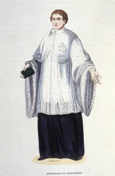 Hospitaalridder van de Militaire en Religieuze Orde van de Heilige Geest (Orde van de Heilige Geest) opgericht door Hendrik III in 1578. Gravure uit de 19e eeuw. Privécollectie, Milaan