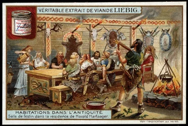 Huizen in de Oudheid: feestzaal in de residentie van Harald I Harfager (850-933) genaamd Belle Chevelure, koning van Noorwegen - Liebig chromolithografie