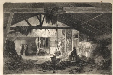 Woning van een voddenkoopman in de rue de la Montagne Sainte Genevieve in Parijs in het 5e arrondissement. Gravure uit 1861