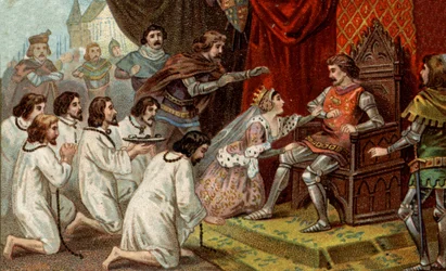 Honderdjarige Oorlog. De burgers van Calais: toewijding van Eustache van St. Peter en zijn metgezellen aan koning Edward III van Engeland smeekt om hun genade, ondersteund door koningin Philippa van Henegouwen (1311-1369). Chromolithografie uit het einde v