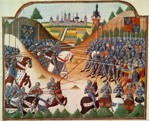Honderdjarige Oorlog: de slag bij Formigny (Calvados) op 15/04/1450 tussen het Engelse leger van Thomas Kyriell en Jean de Clermont. Miniatuur verlucht uit het manuscript 