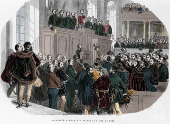 Hongaarse Revolutie van 1848: eerste bijeenkomst van de Nationale Vergadering in Hongarije op 5 juli 1848. Gravure in „Historisch Hongarije” van J. Boldenyi, Parijs 1853