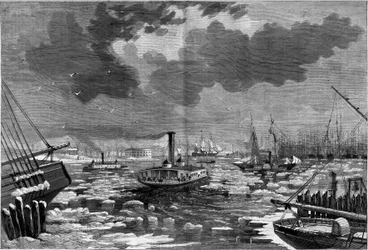 Ijsdebacle in New York (New York), Verenigde Staten (Verenigde Staten) gezien vanaf de oostelijke rivier. Gravure in 