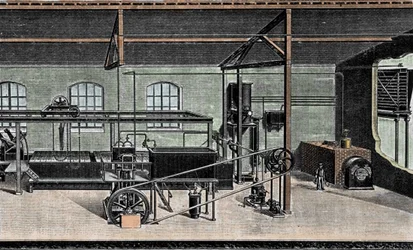 IJsfabricage: douane-installatie. Gravure uit de 19e eeuw