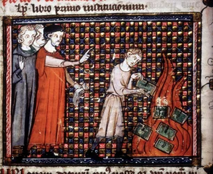 Beeldenstormers gooien miniatuurmanuscripten in het vuur. 14e-eeuws manuscript.