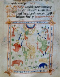 Verlichte pagina van schapen en herders, onderdeel van de Codex van Varmondo, ca. 1000