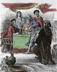 Illustratie voor “Ivanhoe” door Walter Scott (1771-1832), Schotse schrijver: Ivanhoe wordt uitgedaagd door Saksische ridder Brian de Bois Guilbert.
