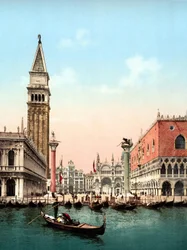 Illustratie van het San Marcoplein in Venetië. Fotochrome uit het einde van de 19e eeuw