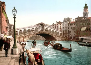 Illustratie van het Canal Grande in Venetië. Fotochroom uit het einde van de 19e eeuw.