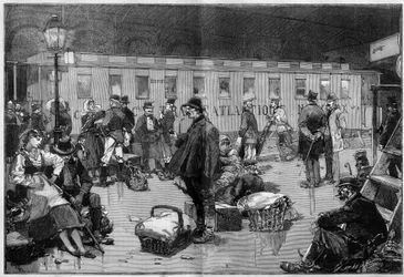 Immigratie. Vertrek van emigranten in Europa naar de Verenigde Staten van Amerika: Speciale wagon van de General Transatlantic Company van de grenzen van Duitsland en Zwitserland naar Havre waar passagiers zullen inschepen voor New York. Gravure in "Le Mon