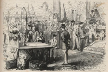 Keizerlijke Prins Eugene Louis Joseph (1856-1879) op het feest van Fontainebleau. Hij probeert een pop te ontcijferen met behulp van een bal aan een touw. Gravure in 