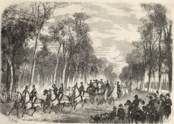 Keizerlijke jacht in Compiegne in aanwezigheid van Napoleon III (1808-1873) en keizerin Eugenie (1826-1920). Gravure in 