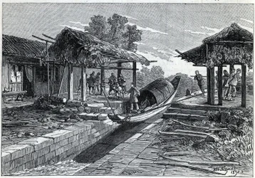 Hellend vlak voor boten in Ning-Po (of Ning Po in China). Gravure in 