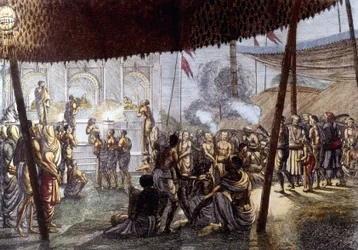 Indiase cultuur en beschaving: liefdesfeest van Krishna, India. Gravure 1808.