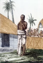 Indiase cultuur en beschaving: muzikant die de bansuri-fluit bespeelt, traditioneel muziekinstrument, India. Gravure 1808