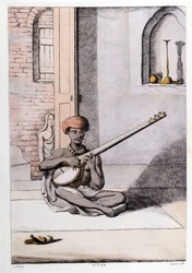 Muzikant die de sitar bespeelt, traditioneel muziekinstrument, India. Gravure 1808