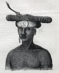Inheemse bevolking van Nieuw-Guinea: inwoner van de Arfaque-bergen. Gravure in 