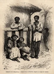 Inheemse mensen van de Magdalena (rivieren), in de straten van de stad Mompox (Colombia). Gravure ter illustratie van de reis naar Nieuw-Granada, door Dr. Saffray, in 1869, gepubliceerd in 
