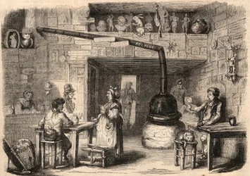 Binnen in het cabaret le Lapin Blanc (Witte Konijn), rue aux feves in Parijs voor de sloop. Een taverne die dateert uit de eerste tijd van de monarchie. Gravure in 