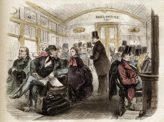 Interieur van een wagon op de Baltimore & Ohio Railroad, VS - 1861 - interieur van een Amerikaanse wagon in 1860