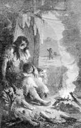 Interieur van een prehistorische hut. 19e-eeuwse gravure