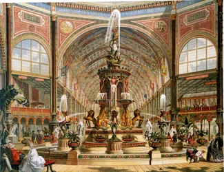 Interieur van het Crystal Palace tijdens de Internationale Tentoonstelling van 1862. Majolicafontein van Minton.