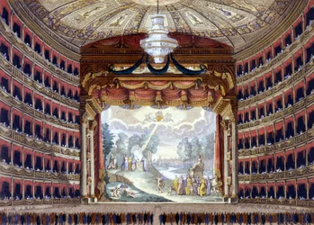 Interieur van het Theater de la Scala in Milaan. Gravure van voor 1850