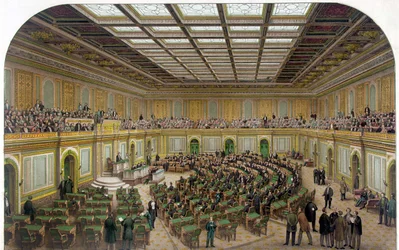 Interieur van het Huis van Afgevaardigden van het Amerikaanse Capitool met het Congres in zitting en de toeschouwers in de galerij - Gravure 1866