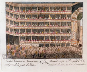Binnenaanzicht van het Nationale Theater bij de Karinthische Poort in Wenen, Oostenrijk. Gravure uit 1815. Privécollectie