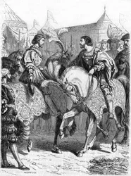 Interview van Frans I en Hendrik VIII. Gravure uit de 19e eeuw.