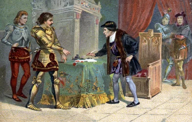 Interview van Lodewijk XI (1423-1483), koning van Frankrijk en Karel de Stoute, hertog van Bourgondië, in Peronne in oktober 1468. Liebig chromolithografie uit de 19e eeuw