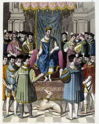 Interview met Frans I (1494 - 1547) en Hendrik VIII (1491 - 1547) van Engeland. Gravure van de 19e eeuw.