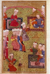 Islamitische kunst: banket in aanwezigheid van de Sultan met muzikanten