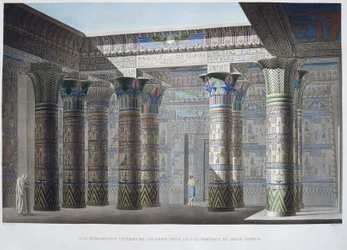 Eiland Philae: Kleurrijk interieur perspectief, genomen onder het portiek van de Grote Tempel - in 