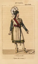 Italiaanse sopraanzangeres Giuditta Pasta in de hoofdrol van Tancredi in de gelijknamige opera van Gioachino Rossini uitgevoerd in de Opera Buffa, Parijs
