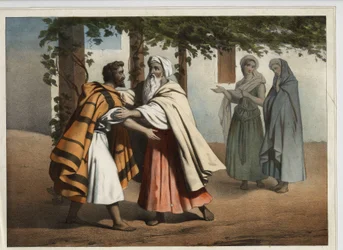 Jacob wordt begroet door Laban. Anonieme gravure uit de 19e eeuw.