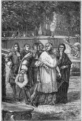 Jacques-Bénigne Bossuet (1627-1704), Franse prelaat en schrijver in de laan van filosofen in Versailles. Gravure uit de 19e eeuw