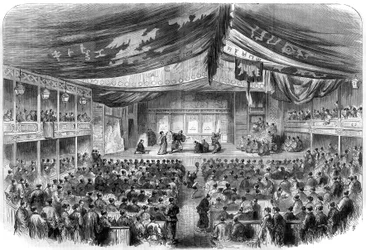 Japans theater: dramatische voorstelling in Osaka. Gravure in 