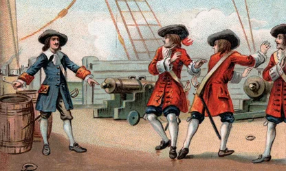 Jean Bart (1650-1702), Franse marinecommandant en kaper, dreigt zijn schip op te blazen - De kaper Jean Bart (1650-1702) dreigt een Engelse kaper die hem gevangen nam door zijn schip op te blazen door een vat buskruit in brand te steken