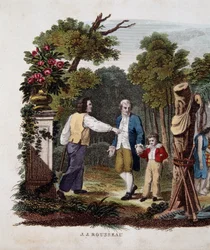 Jean Jacques Rousseau met een kind, aangesproken door een boer