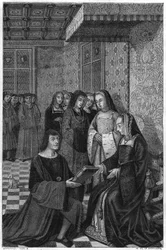 Jean Marot, dichter (1463-1526), biedt een dichtbundel aan koningin Anne van Frankrijk. Gravure uit de 19e eeuw.