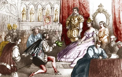Jean Nicot presenteert de tabaksplant aan Catherine de Medici en aan de Grootprior van het Huis van Lotharingen. 16e eeuw. Gravure uit de 19e eeuw